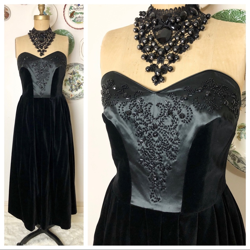 Vtg Velvet & Satin Beaded Sweetheart Gown by Laura Ashley